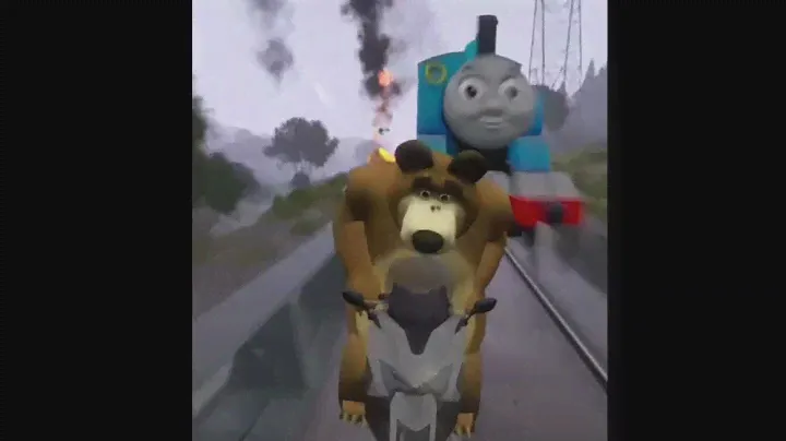 Bear driving away from Thomas the train engine (Not my Video)